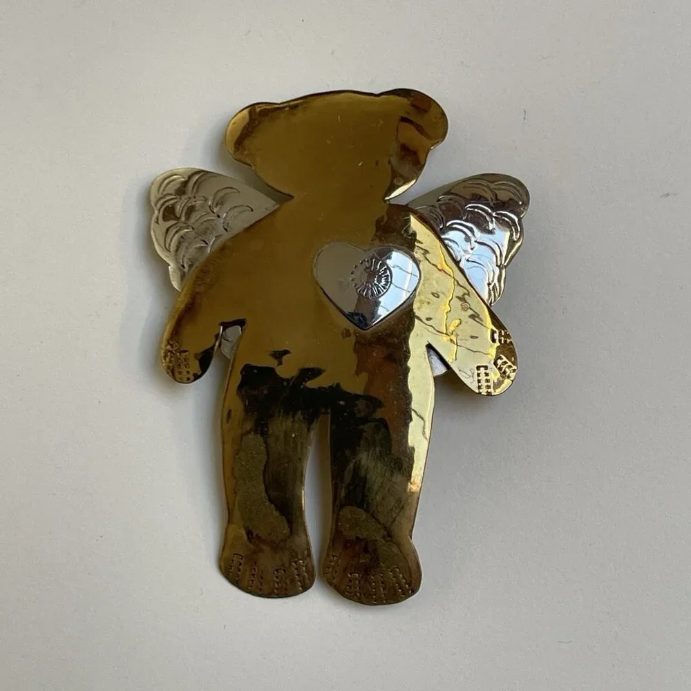 Fairy Wings Teddy Bear Heart Pin Brooch Gold Silver Tone Love Gift Party Grunge
